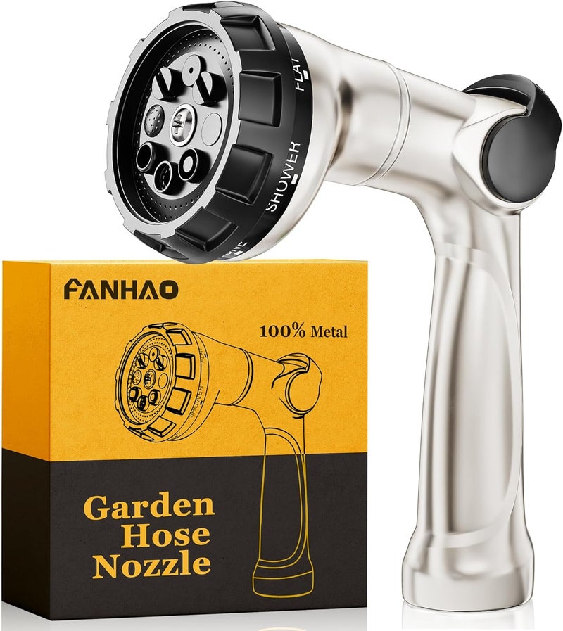 Fanhao Professional Heavy Duty Garden Hose Nozzle, 100% Metal Thumb Control Water Hose Sprayer with 8 Spray Patterns, High Pressure Water Nozzle for Lawn & Plant Watering, Car & Pet Washing - Image 1
